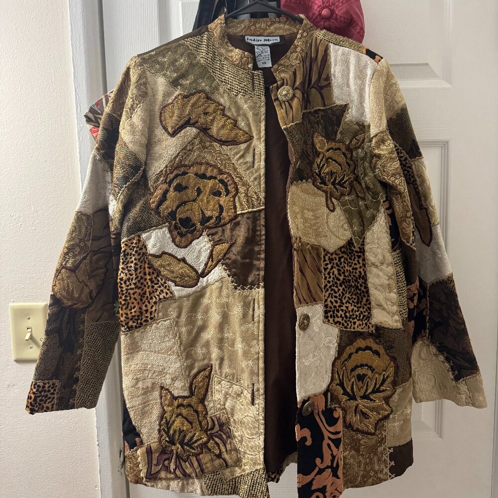 Indigo Moon Womens Patchwork Blazer Jacket Floral Tapestry Brown Gold SZ S